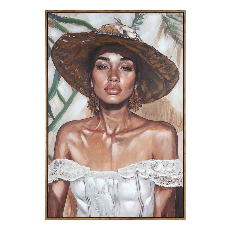 Obraz ręcznie malowany 743 Portret Kobiety w Kapeluszu jasnobrązowy 60 X 90 X 4 cm – artystyczny akcent do wnętrz
