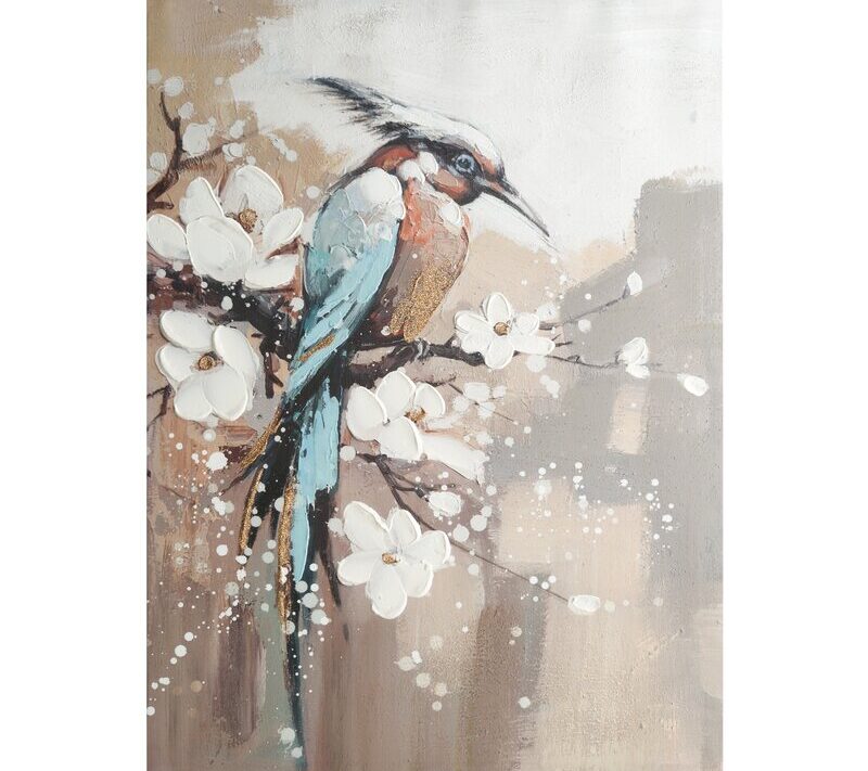 Obraz ręcznie malowany z ptakiem i kwiatami niebieski 50 X 70 X 3 CM – wprowadza harmonię