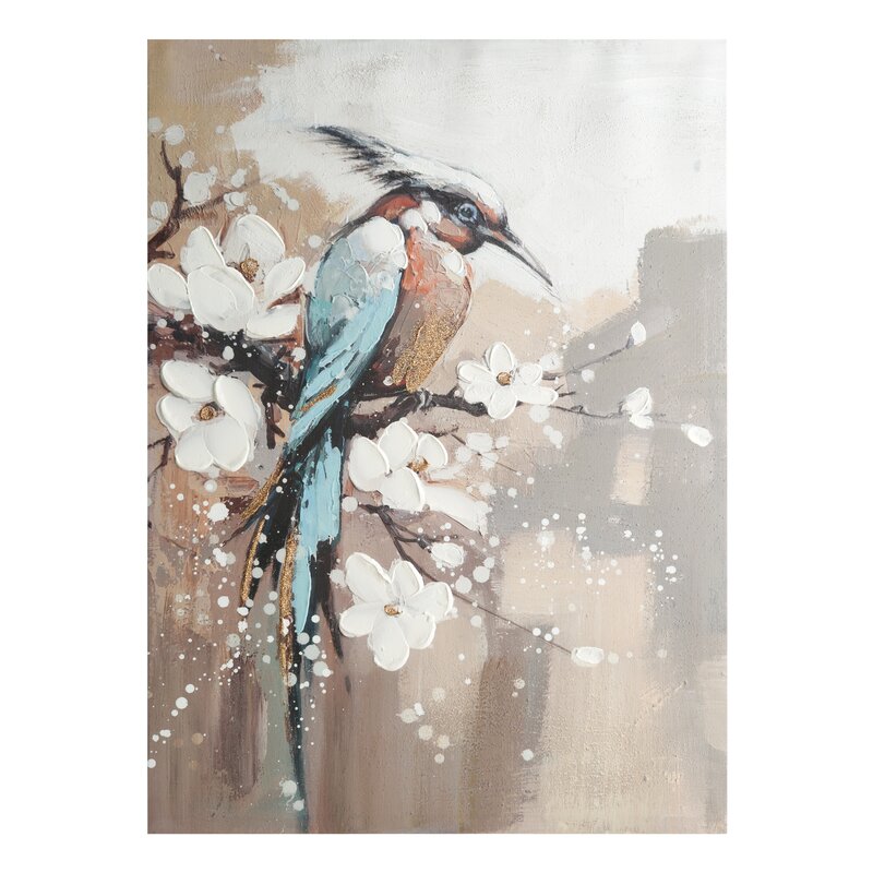 Obraz ręcznie malowany z ptakiem i kwiatami niebieski 50 X 70 X 3 CM – wprowadza harmonię