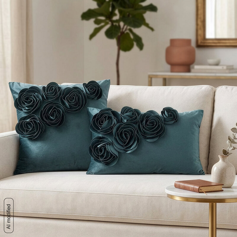 Poszewka welwetowa Flores 1 ciemnomiętowa 30 X 50 cm – z aplikacją róż