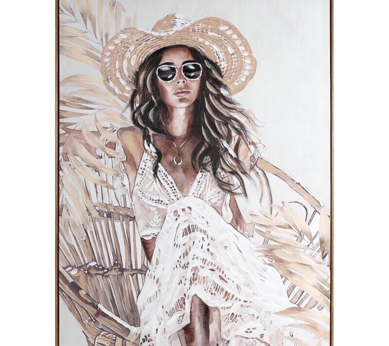 Obraz ręcznie malowany Kobieta w kapeluszu kremowy 90 X 120 X 4 CM – spokój i styl