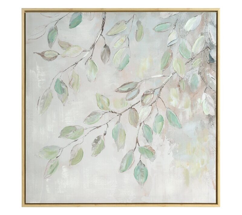 Obraz ręcznie malowany z motywem liści kremowy 60 X 60 X 4 CM – wprowadza spokój i harmonię