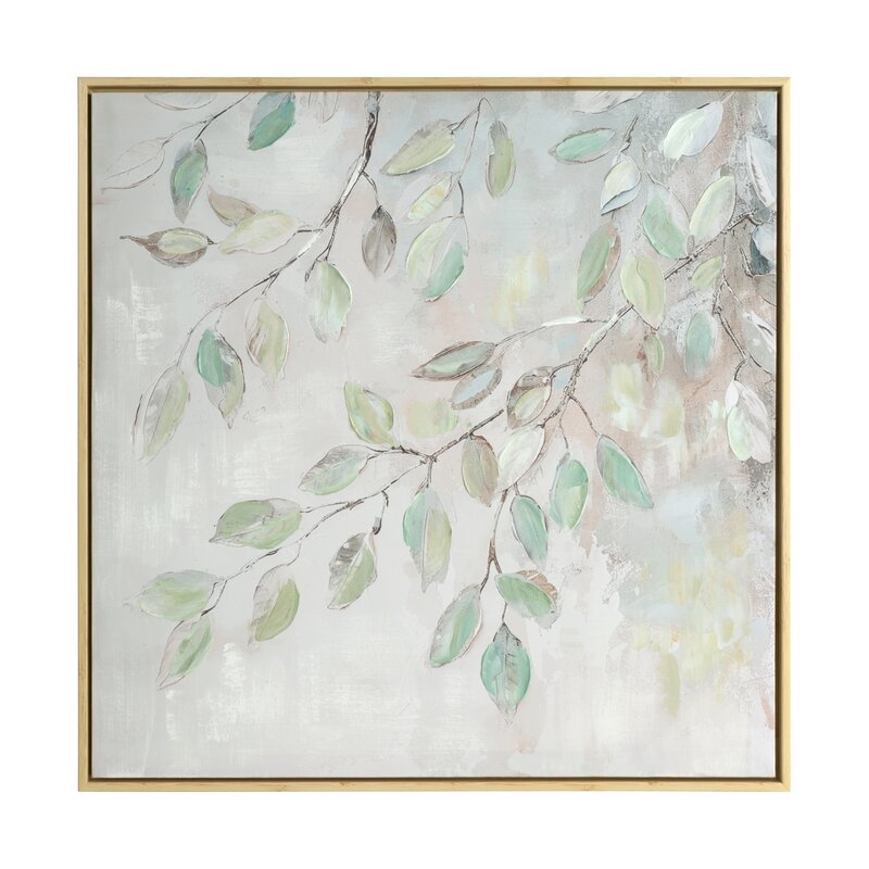 Obraz ręcznie malowany z motywem liści kremowy 60 X 60 X 4 CM – wprowadza spokój i harmonię